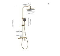 Système de douche de salle de bain 3 sorties en laiton, finition or brossé, avec pommeau de pluie, douchette à main, mitigeur monocommande, finition chromée, jet de pluie et sortie inférieure