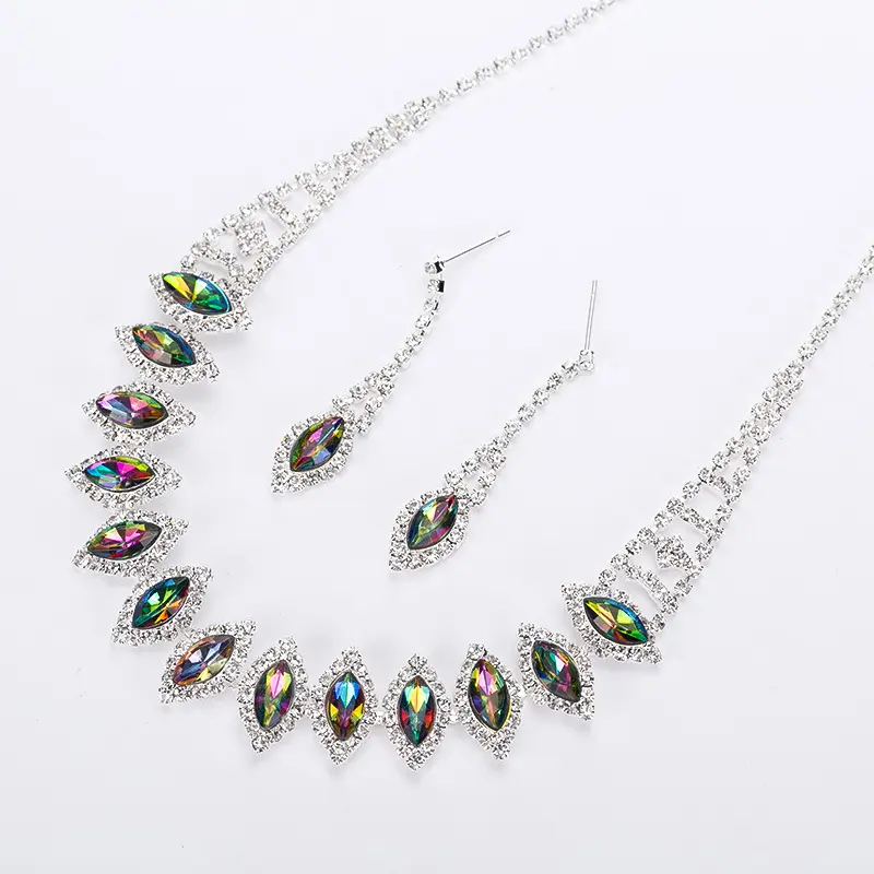 2022 New Jewelry Set Emerald Marquise Wedding Rhinestone Necklace And Earrings Silver Jewelry Set For Women