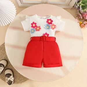 Ensemble trois pièces pour bébé <span class=keywords><strong>fille</strong></span> de 0 à 3 <span class=keywords><strong>ans</strong></span>, style estival décontracté et tendance, motif floral, écologique, haut à manches courtes, <span class=keywords><strong>ceinture</strong></span> en tissu, short - Product Image 5
