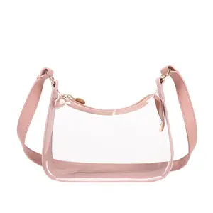 Personnalisé mignon rose noir blanc brillant pvc adolescent transparent clair fermeture éclair une sangle bandoulière fronde épaule sac de messager avec large