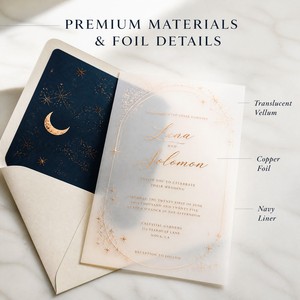 Ensemble d'invitations de <span class=keywords><strong>mariage</strong></span> élégant Ciel Étoilé, avec estampage à chaud de luxe, motif croissant de lune, doublure bleu marine et carte en vélin translucide - Product Image 3