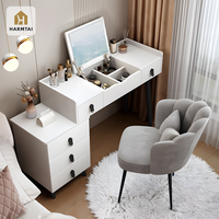 HarmTai Coiffeuse moderne en bois blanc en forme de L, sur mesure, avec éclairage LED, 3 tiroirs, taille et panneau personnalisables pour chambre à coucher