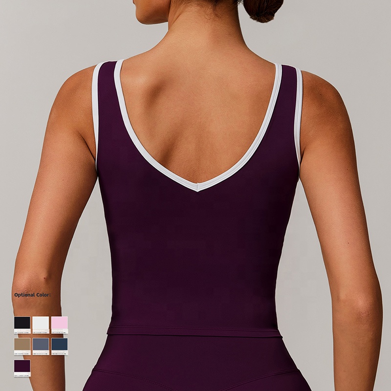 Women's Contrast Color Athletic Tank Top Tight Fitting Quick Dry V-shaped Back Yoga Shirt for Running Casual Workout Gym Wear