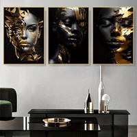 Affiche d'art de femme africaine rayonnante dorée, ensemble de 3 pièces, peinture sur toile imperméable, portrait moderne, art mural, décoration de salon
