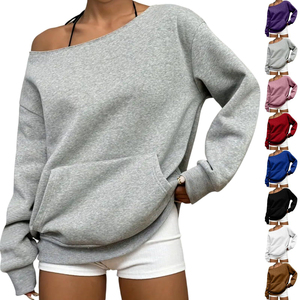 Sudadera extragrande con hombros descubiertos para mujer, suéter de forro polar de manga larga con cuello redondo y bolsillo para otoño e invierno - Product Image 1