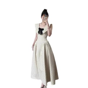 French Style Polka Dot Bow Dress Women Empire Waist Peter Pan Collar Long Dress Daily Casual Apricot Color - Product Image 4