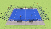 Terrain de padel moderne avec piliers en verre architectural, vue panoramique 360°, Phuoc Thinh, équipement de paddle-tennis, export B2B