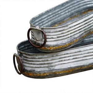 Oval Metal <b>Planters</b> Industrial Style Rustic Finish With Handles Outdoor Decorative Containers - Product Image 3