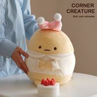 Peluche Biologique en Forme de Personnage Crème avec Chapeau à Pois Roses et Écharpe Blanche pour Magasin de Cadeaux, Vente en Gros et Présentation en Détail