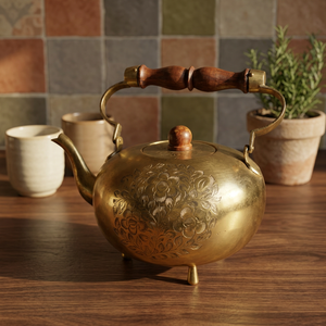 Bouilloire à thé vintage en laiton avec poignée en bois et motif floral gravé - Product Image 6