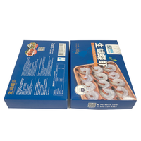 Dossier d'emballage personnalisé en papier bleu recyclable pour aliments surgelés, avec couvercle étanche et pelliculage mat, imprimé du logo crevettes et poisson