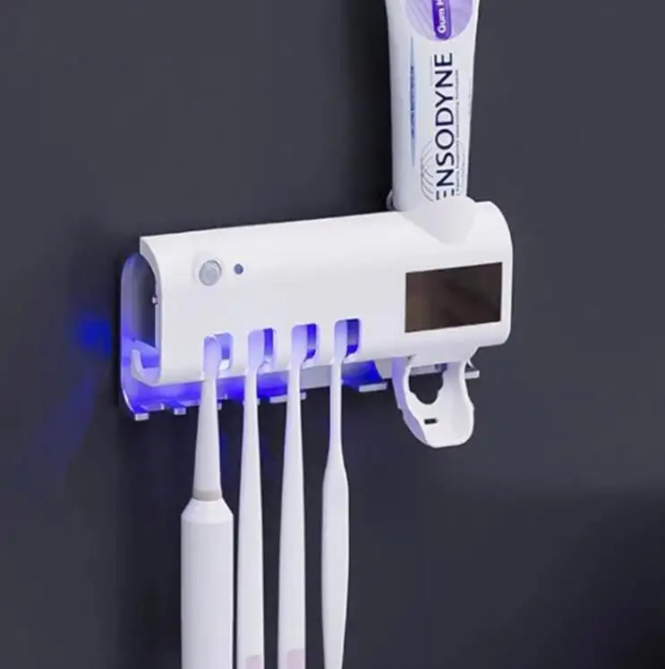 Dispensador de pasta de dientes automático eléctrico multifuncional, soporte para cepillo de dientes UV, organizador de baño montado en la pared