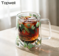Tasse à café en verre à double paroi TOPWELL 330 ml, design moderne, résistante à la chaleur, motif feuille transparent, fabriquée en Chine