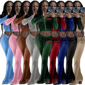 In Stock Long Sleeve Crop <strong>Top</strong> Jacket Jogger Sweatsuit Velour Tracksuit <strong>Velvet</strong> Two Piece Flare Pants Set Fall 2024 <strong>Women</strong> Clothes - Product Image 3