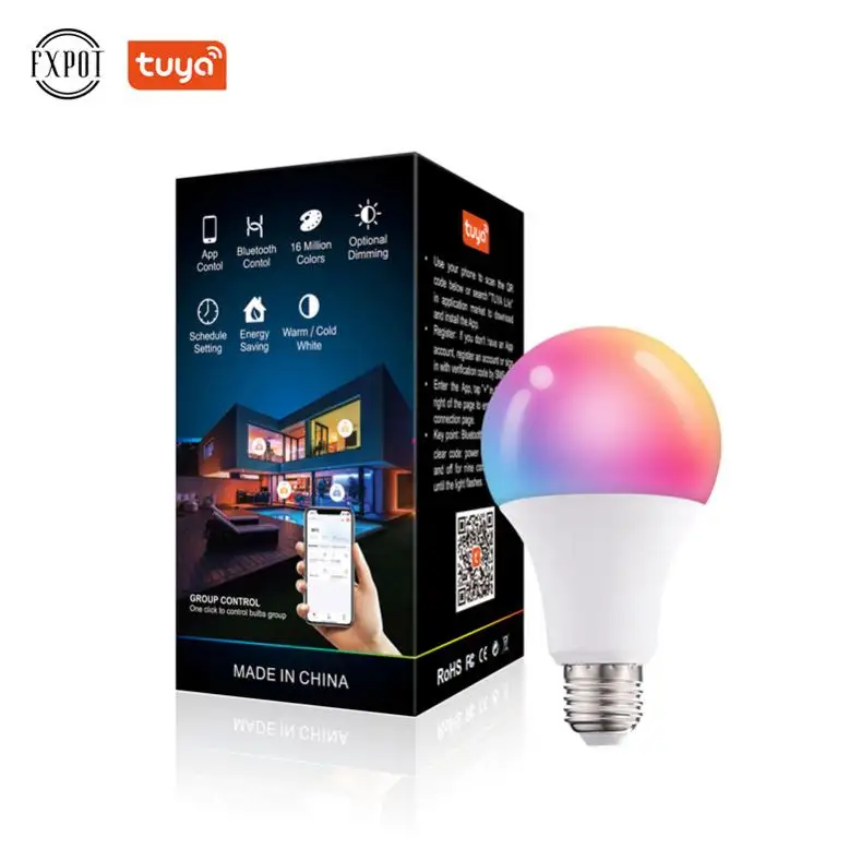 Fxvaso lâmpada tuya de iluminação interna, controle por aplicativo rgb, regulação de 10w e27, led, bluetooth, lâmpada inteligente alexa