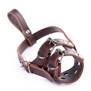 Adjustable Anti Bite short faced dog Mouth Guard Covers Brown breathable leather dog Mouth Muzzle