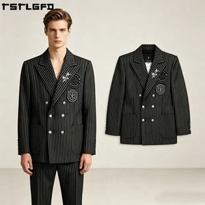 Blazer personnalisé à rayures fines pour homme, croisé, avec écusson brodé, ensembles de vêtements d'extérieur pour homme, vente en gros pour fabricants - Product Image 4