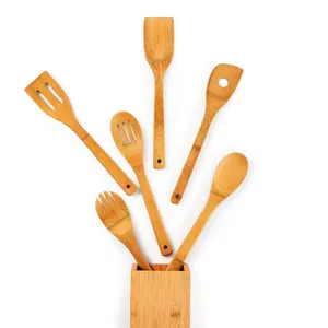 BPA olmadan bambu başına yüz | Altı mutfak pişirme seti | Bambu mutfak eşyaları ve aletleri + saklama kabı
