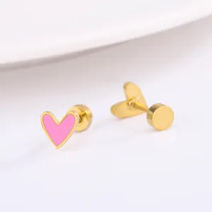 Cute Pink Heart Shape Plain Stud Earrings Gold Colorful Enamel Stainless Steel Jewelry For Children Women Girls