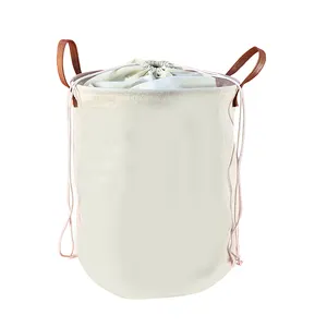 China Factory Provide Cotton Made Laundry Hamper Foldable Laundry Basket Durable Washing Basket With Leather Handles