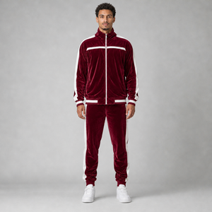 Custom OEM Factory High Quality Burgundy <b>Velour</b> Side Stripe Full Zip Track Jacket And Jogger Pants Set <b>Mens</b> <b>Tracksuits</b> - Product Image 2