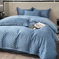 Ensemble de literie en satin jacquard de luxe 200TC en polyester, 4 pièces, motif géométrique, doux et respirant, comprend drap et housse de couette