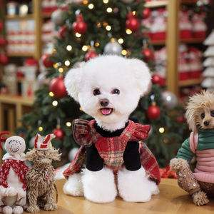 Outono e Inverno Natal Pet Dress Eco-friendly Algodão Moda Suit Retro Red Plaid Bow Dress Preto Malha Base Shirt Quente - Product Image 1