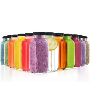 Bouteille de jus en verre carrée française de 16 oz pressée à froid avec couvercle en plastique, en gros et en stock - Product Image 1