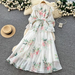 Robe longue romantique française pour femme, à col en V, manches longues, taille nouée, imprimé floral, respirante, coupe trapèze, garantie qualité - Product Image 3