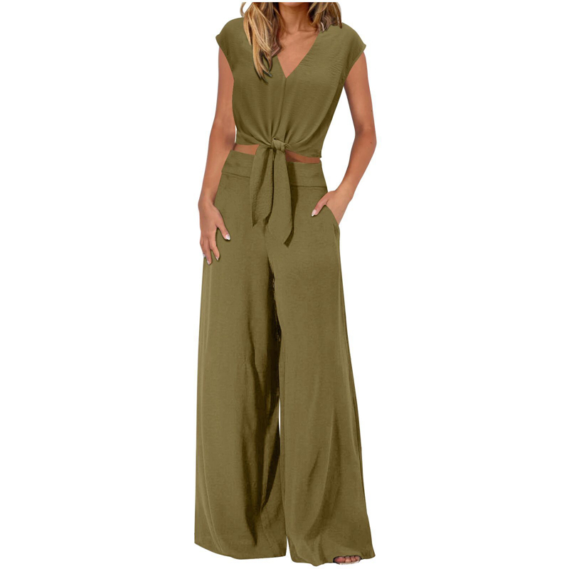 Channel Women's Summer Matching 2 Piece Outfits 2025 Casual Cap Sleeve V Neck Belted Cropped Tops Tie Waist Wide Leg Pant Sets · image 5