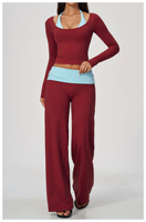 Ensemble de yoga 2 pièces pour femme : haut à manches longues et pantalon large à taille repliable – Tenue de sport élastique pour fitness et yoga