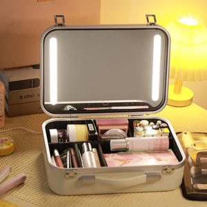 Trousse de maquillage personnalisée avec miroir LED, cadre en aluminium, grande capacité de rangement, pour usage domestique, design métallique couleur unie - Product Image 2