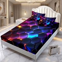 Parure de draps ajustés hexagonaux en nid d'abeille à imprimé numérique néon, motif géométrique lumineux de luxe, technologie de pointe