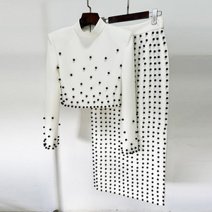 White Beautiful Spring Autumn Formal Luxury <b>Tops</b> <b>Skirt</b> <b>Set</b> Pearl Crystal Beading Stand <b>Long</b> Sleeve Eco-friendly Two Pieces <b>Set</b> - Product Image 5