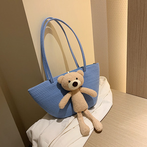 Sac fourre-tout tissé avec décoration ours en peluche, grande capacité, coton et lin, pour le quotidien printemps-été - Product Image 2