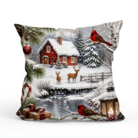 Housse de coussin décorative de Noël motif cardinal, pomme de pin et cloche, style rustique pour les fêtes