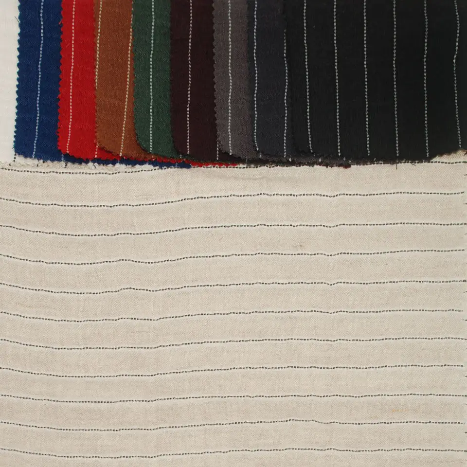 Natural color yarn dyed crepe stripe black striola textiles blended rayon cotton poly linen fashion fabrics suppliers