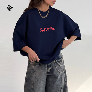 T-shirt girocollo oversize da donna blu navy personalizzata con spalle scese, vestibilità ampia, casual, <span class=keywords><strong>streetwear</strong></span>, basic, estiva, a maniche corte - Product Image 1