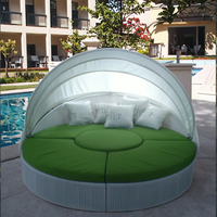 Sofá Cama Redondo de Ratán para Exteriores, Multifuncional, para Jardín, Villa, Piscina, con Toldo Retráctil