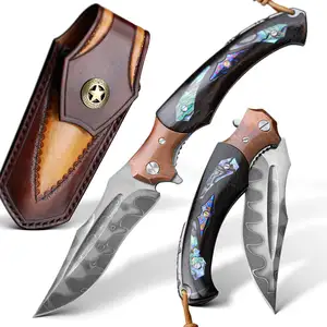 Oem Logo Outdoor Camping Collection Gift Wood Handle Beautiful Pattern Skd 11 Core Composite Steel Knife with Leather Case