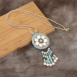 Collar largo con cuentas de madera turquesa, joyería de estilo europeo y americano, cuerda de cera tailandesa, colgante de flores tejidas, cadena de suéter - Product Image 3
