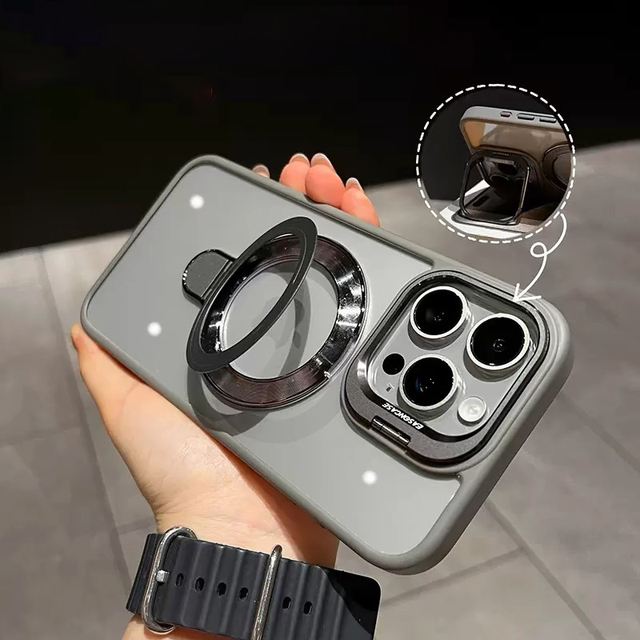 Luxury Magnetic Metal Lens Holder Clear Acrylic Phone Case for for iPhone 16 15 14 Shockproof Bumper Case with Ring Stand Holder