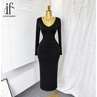 Robe moulante midi élégante noire à col en V profond et manches longues pour femme, idéale pour les soirées formelles, le bureau ou les événements – Personnalisation OEM