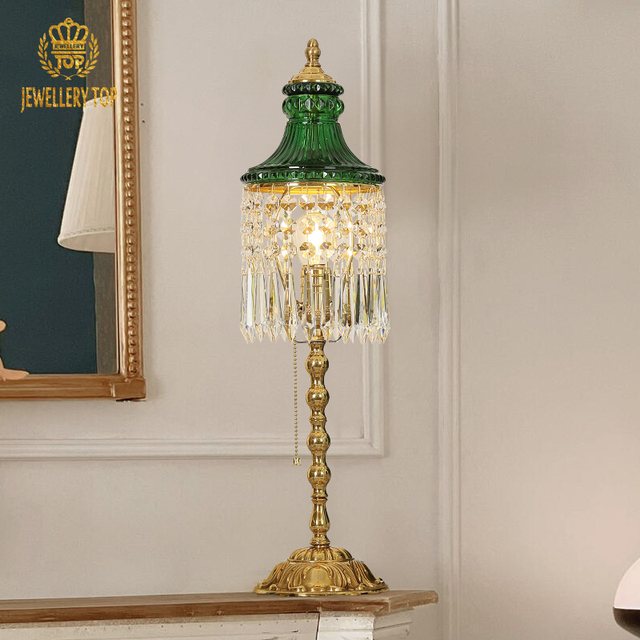 JewelleryTop Hotel Room Villa Bedroom Decorative Table Light Brass Lamp Body Green Crystal Lampshade Dimmable Table Lamp