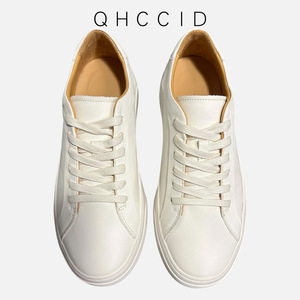 QHCCID Men's White <b>Leather</b> <b>Sneakers</b> Breathable Rubber Outsole Mid Heel Casual Walking Shoes - Product Image 1