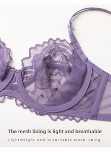 Conjunto de sujetador y bikini de encaje floral ultrafino sexy para mujer, copa 3/4, con aros, tirantes ajustables festoneados, tallas 32-38, 4 colores - Product Image 4