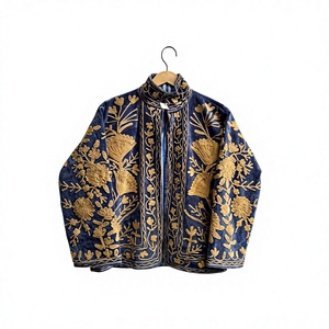 Veste élégante en velours avec broderie florale dorée, col mandarin, manches longues, style automne, vêtements d'extérieur pour femmes - Product Image 1