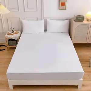 Ready To Ship Plain White Poly Cotton Fitted Bed Sheets Set Waterproof Mattress Protector For Hotels
