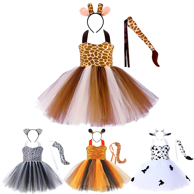 Tutu Dress Set Halloween Party Little Girls' Animal Paty Costume Cosplay Tiger Giraffe Leopard Cat Dance Dress