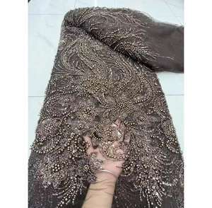 Matériaux de dentelle africaine de haute qualité, perles nigérianes et dentelle à paillettes, tissus de broderie pour robes de mariée - Product Image 4